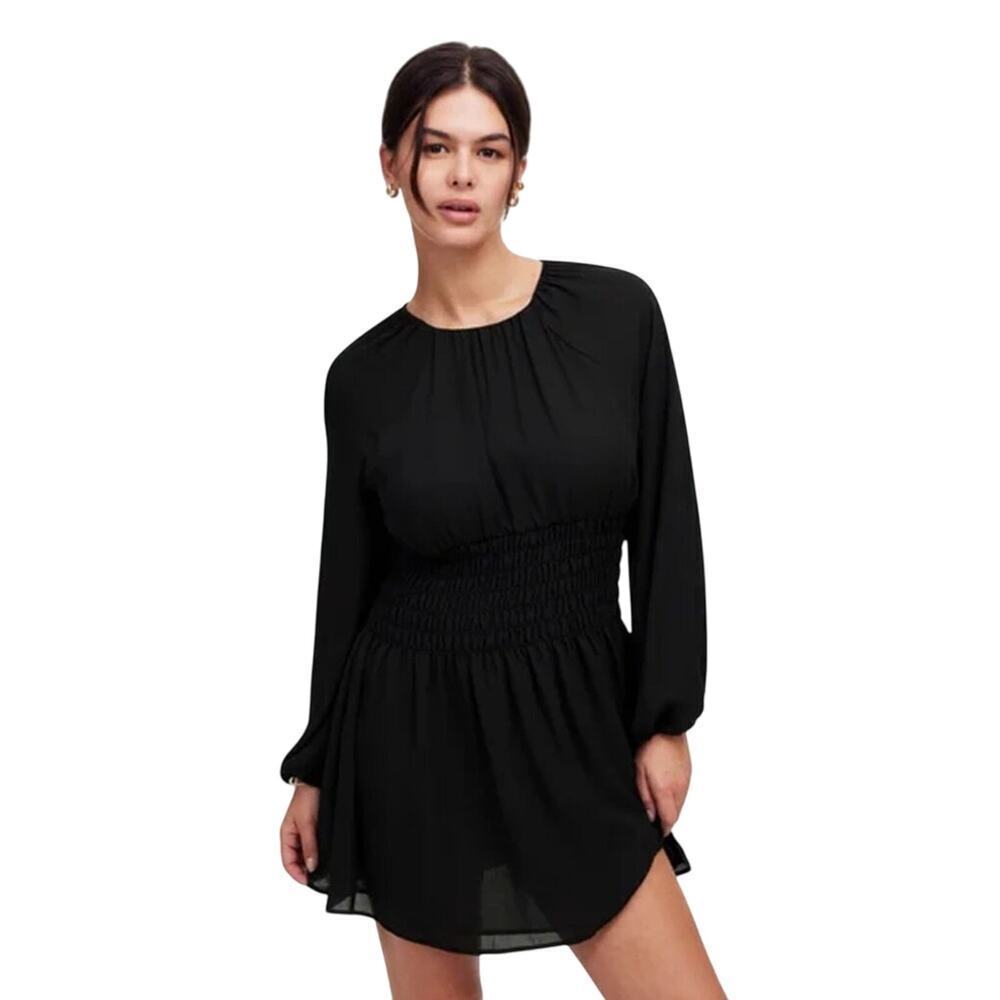 NWT Madewell Black Chiffon Smocked Mini Dress L | Lined Long Sleeve